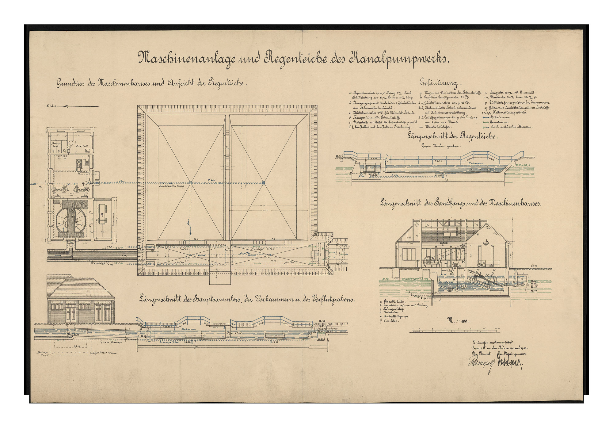 Przekroje i rzut budynku mechanicznej oczyszczalni ściekowych z tarczą separacyjną (ok. 1912 r.)