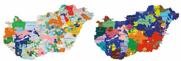RYS . 1 Węgierskie przedsiębiorstwa wodociągowe. Pierwsza mapa prezentuje stan na rok 2010, druga stan na 1 stycznia 2015 r.