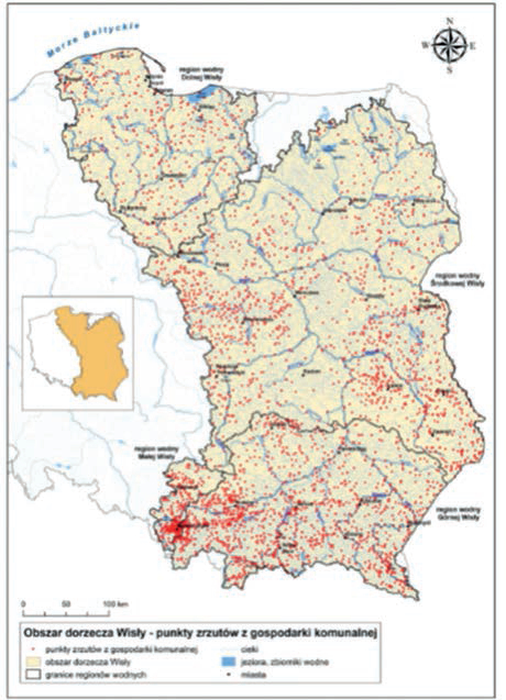 Rys. 1. Punkty zrzutów z gospodarki komunalnej. Źródło: projekt aPGW dla obszaru dorzecza Wisły