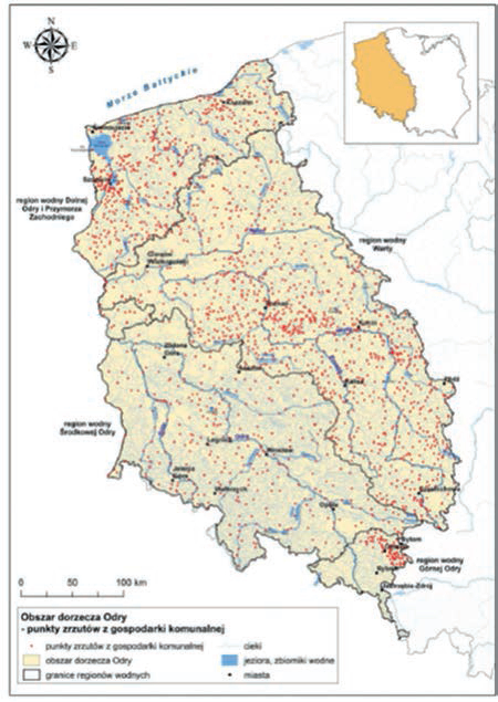 Rys. 2 Punkty zrzutów z gospodarki komunalnej. Źródło: projekt aPGW dla obszaru dorzecza Odry