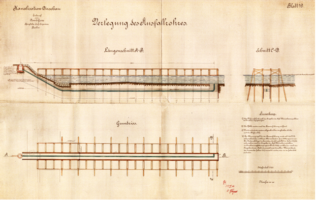 RYS. 1 Projekt koncepcyjny kanalizacji odprowadzającej oczyszczone ścieki do Wisły Po prawej stronie, na dole, widoczna jest data 9.04.1907 rok i podpis Ewalda Genzmera