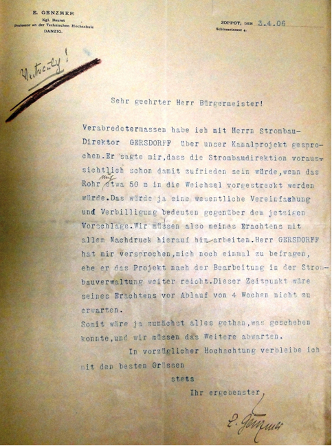 RYS. 3 Pismo prof. E. Genzmera z dnia 3.4.1906 roku do burmistrza Tczewa w sprawie kanalizacji odprowadzającej oczyszczone ścieki do Wisły
