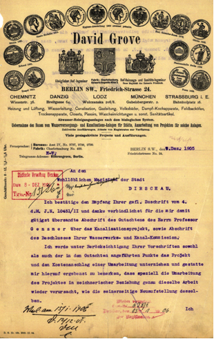 RYS. 2 Pierwsza strona pisma z dnia 7.12.1905 z biura projektowego David Grove, będącego odpowiedzią na ekspertyzę prof. Genzmera