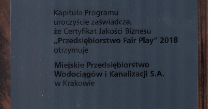 Wodociągi Miasta Krakowa laureatem XXI edycji programu „Przedsiębiorstwo Fair Play”. Wodociągi Miasta Krakowa laureatem XXI edycji programu „Przedsiębiorstwo Fair Play”.
