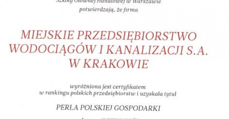 Perła Polskiej Gospodarki dla Wodociągów Miasta Krakowa Perła Polskiej Gospodarki dla Wodociągów Miasta Krakowa