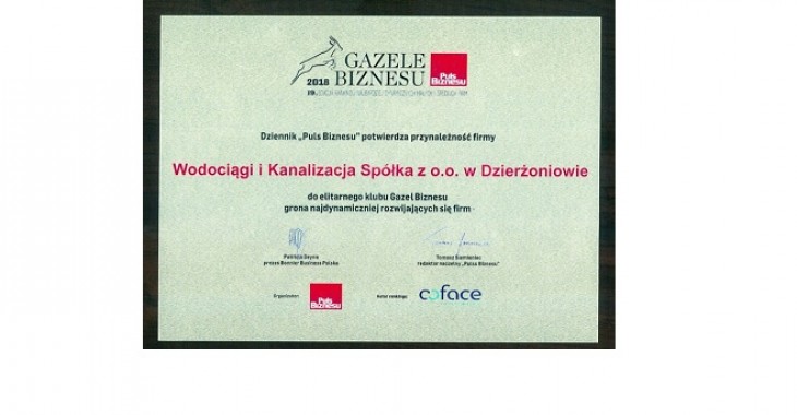WiK w Dzierżoniowie z nagrodą Gazela Biznesu za 2018 rok WiK w Dzierżoniowie z nagrodą Gazela Biznesu za 2018 rok