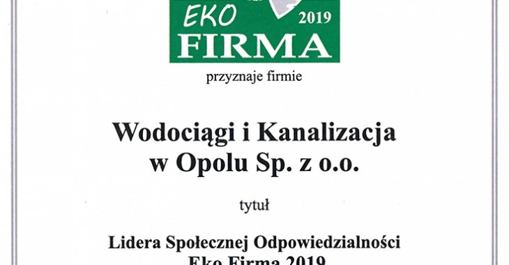 WiK Opole laureatem Programu Liderzy Społecznej Odpowiedzialności w kategorii EKO FIRMA 2019