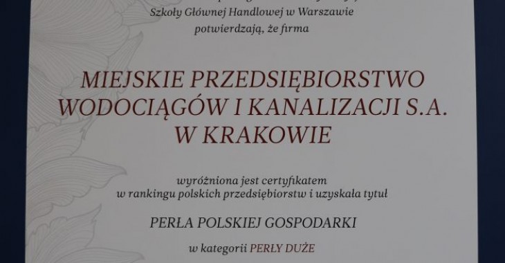 Perła Polskiej Gospodarki dla Wodociągów Miasta Krakowa