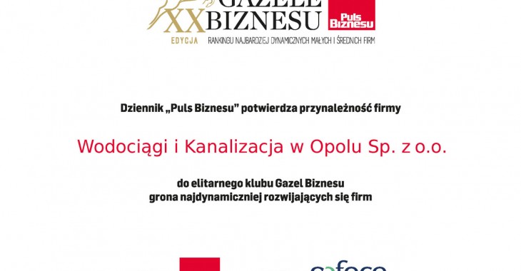 WiK w Opolu Sp. z o.o. uzyskała tytuł „Gazele Biznesu 2019” WiK w Opolu Sp. z o.o. uzyskała tytuł „Gazele Biznesu 2019”