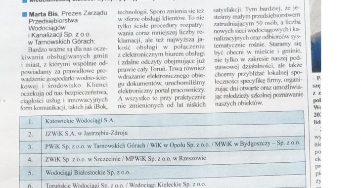Wodociągi Kieleckie szóste w kraju Wodociągi Kieleckie szóste w kraju
